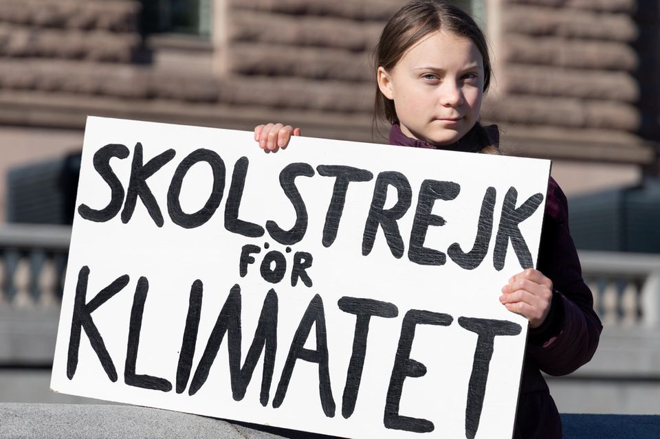 Nicht nur Greta setzt sich ein: Greta Thunberg hält Demonstrationsschild in der Hand