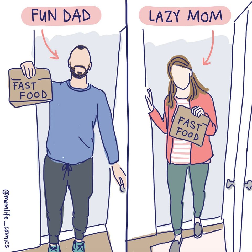 Ein Comic mit einem Vater und einer Mutter, die Fast Food mit nach Hause bringen