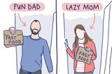Ein Comic mit einem Vater und einer Mutter, die Fast Food mit nach Hause bringen
