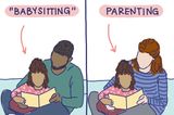 Ein Comic, bei dem ein Vater und eine Mutter ihrer Tochter etwas vorlesen