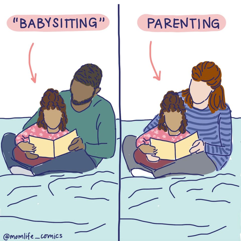 Ein Comic, bei dem ein Vater und eine Mutter ihrer Tochter etwas vorlesen