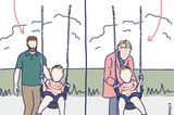 Ein Comic, auf dem ein Vater und eine Mutter mit einem Kind schaukeln