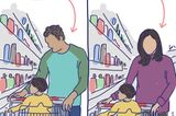 Eine Vater und eine Mutter schieben ihr Kind im Einkaufswagen durch einen Supermarkt