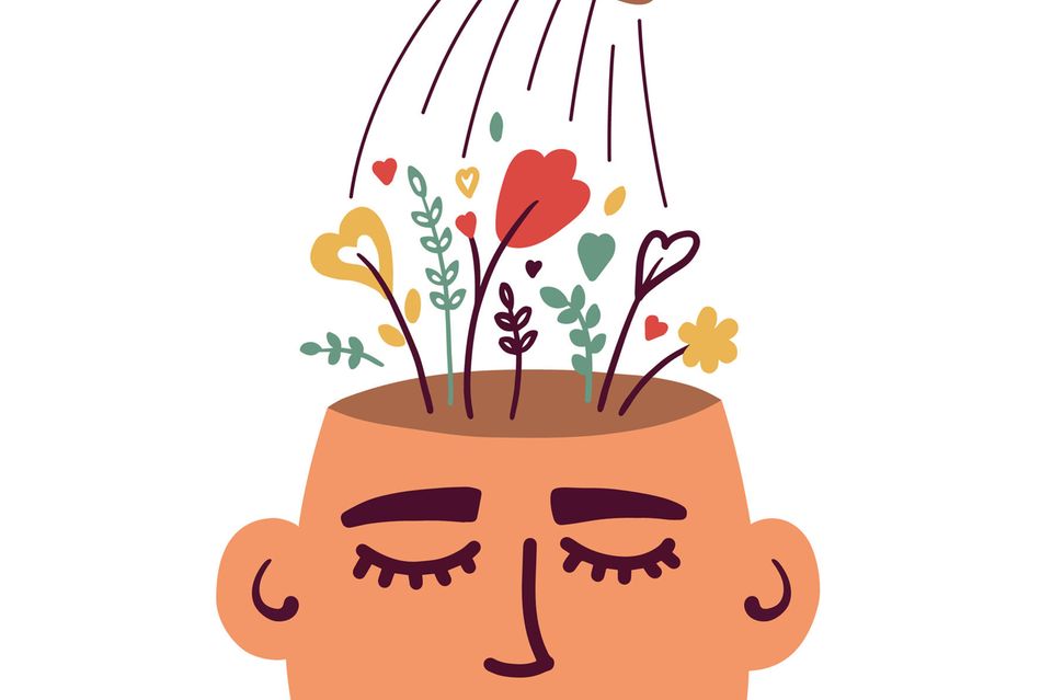 Mental Wellness: Grafik Blumen gießen im Kopf