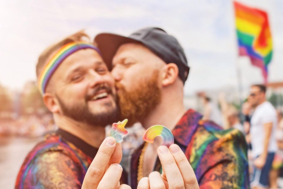Gay Pride in Amsterdam: Karl und Daan happy in Regenbogenfarben 