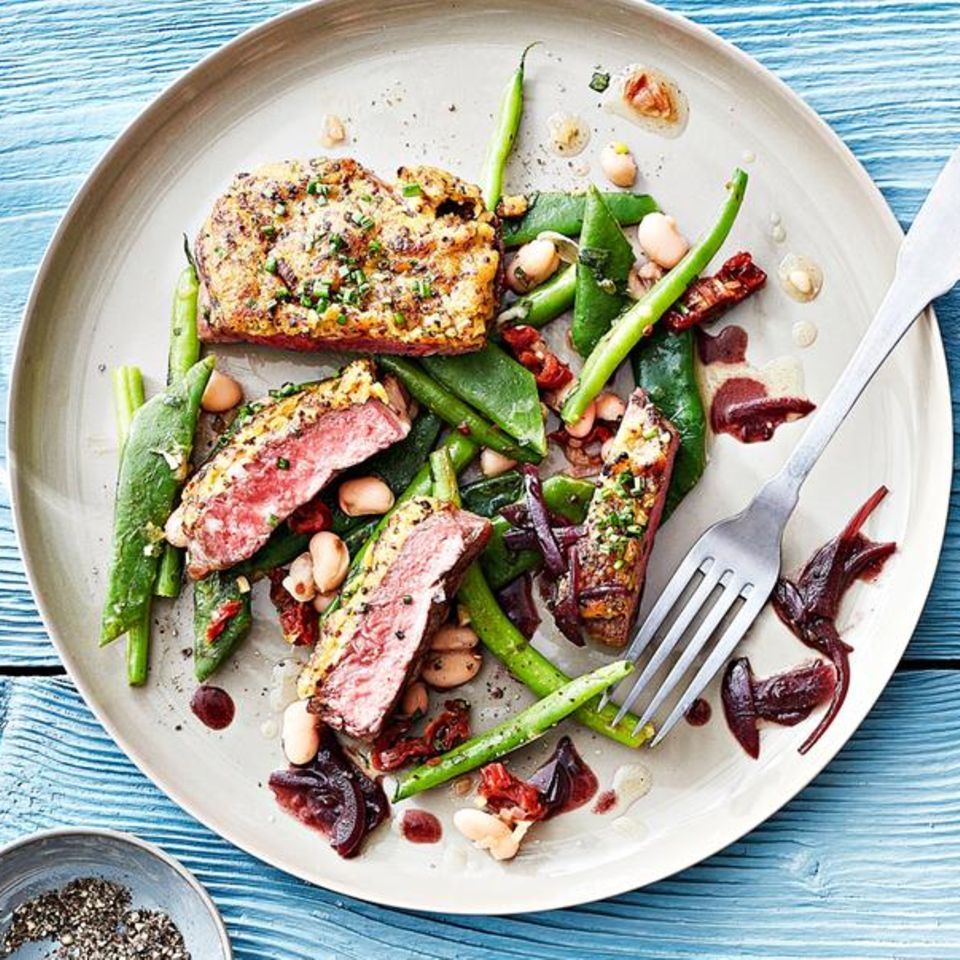Rumpsteak mit Bohnen und Schalottensoße