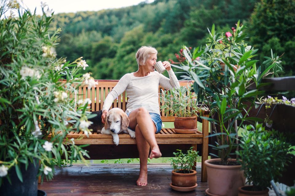 Psychologie: Eine glückliche Frau trinkt Kaffee auf einer Bank mit einem Hund