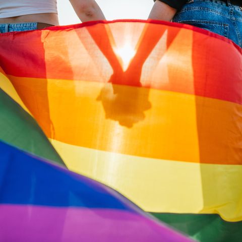 Familienkolumne: zwei Personen halten hinter eine Regenbogen Fahne Hände