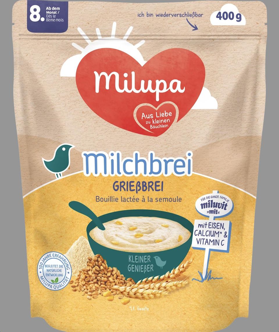 Achtung, Hartplastik! Produkt Milupa Milchbrei Grießbrei mit Cornflakes, ab dem 8. Monat