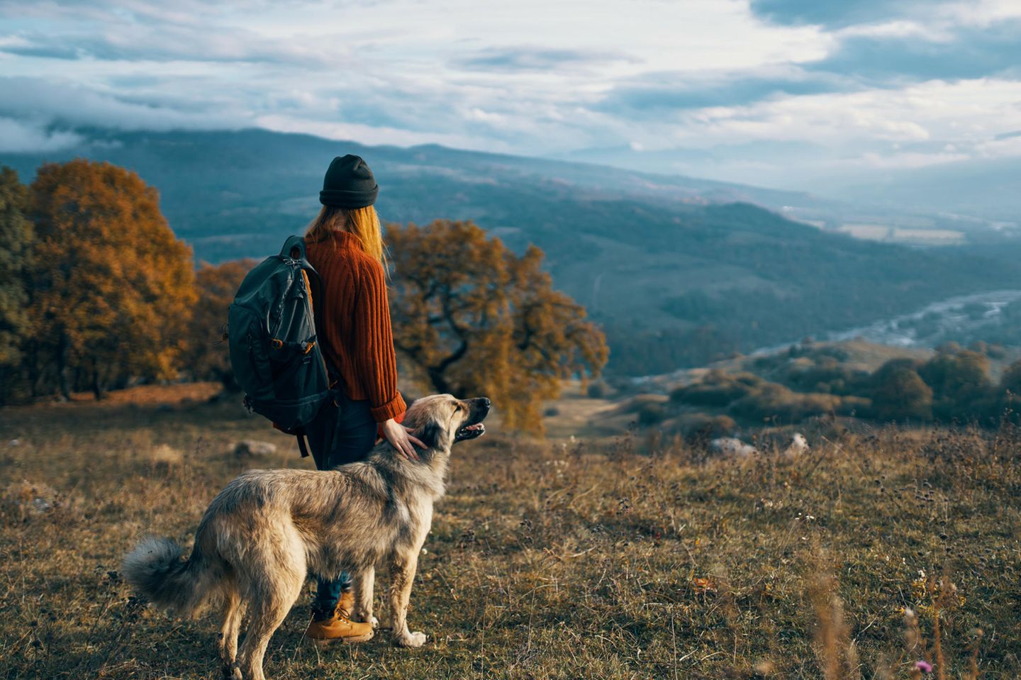 Psychologie: Eine Frau mit Hund auf einem Berg