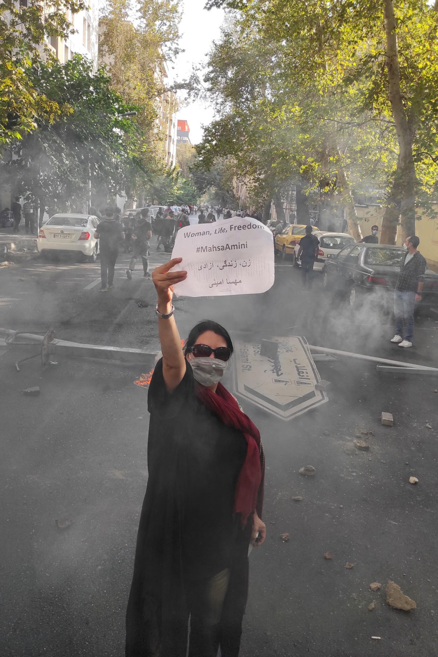 Proteste im Iran: Frau hält Schild in die Kamera