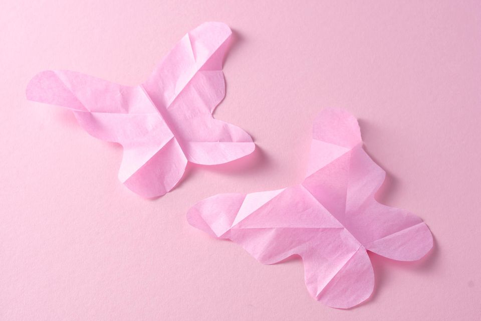 BRIGITTE Balance 2023: drei rosa Papierschmetterlinge auf rosa Hintergrund
