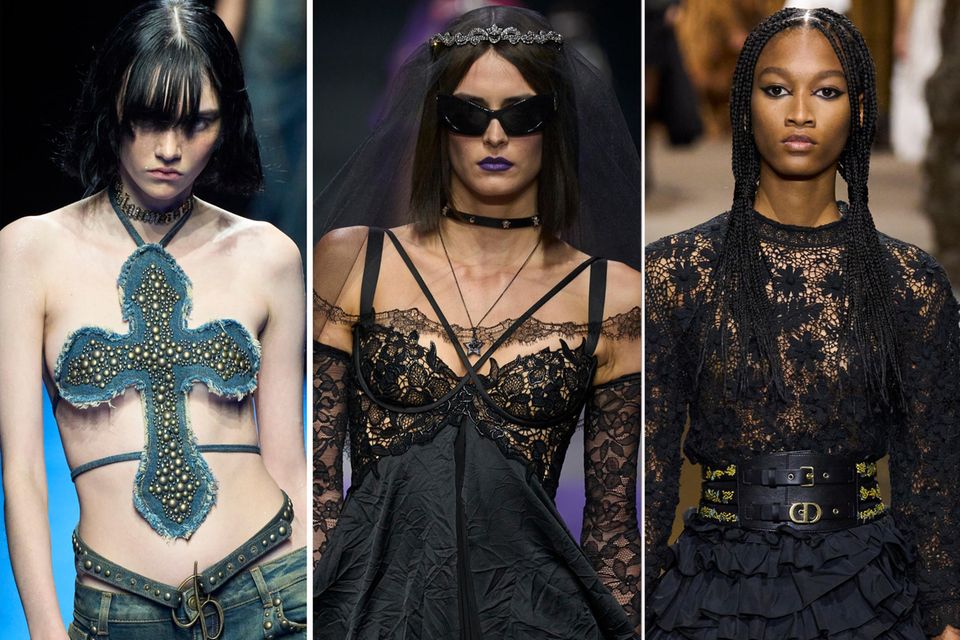 Nicht nur die Serie "Wednesday" hat einen Neo-Gothic-Hype ausgelöst, die Modedesigner sehen dunkle Spitze, Kreuze und Volants ebenfalls als Fashion-Must-have 2023.