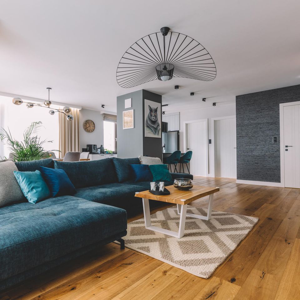 Ein stilvoll eingerichtetes Wohnzimmer mit schickem Holzboden