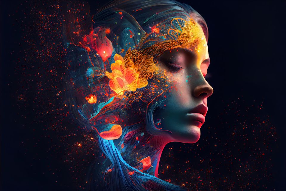Kunstwerk eines Frauenkopfs im Profil aus dem bunte Farben strömen