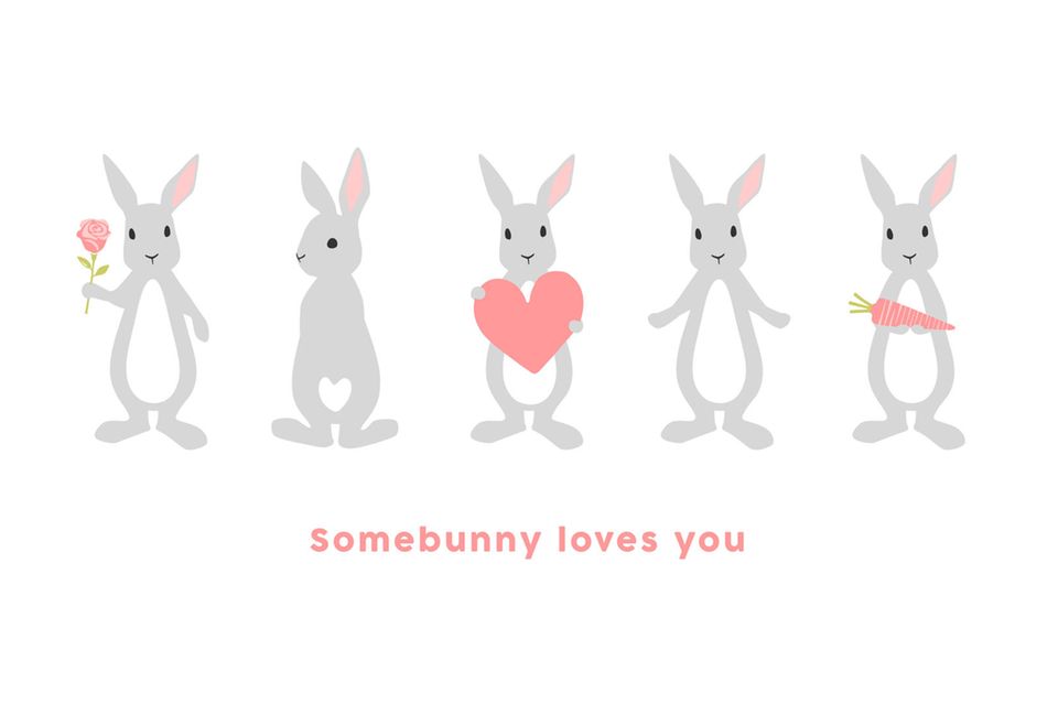 Ostergrüße: fünf Hasen in einer Reihe und darunter der Schriftzug "Somebunny loves you"