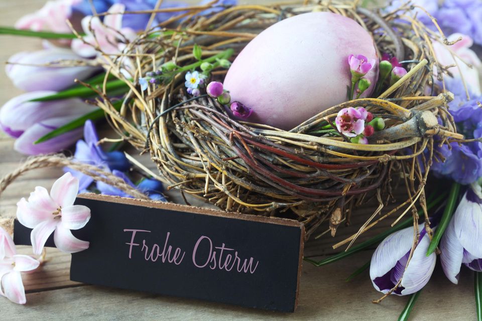 Ostergrüße: Osternest mit einem Ei und Blumen