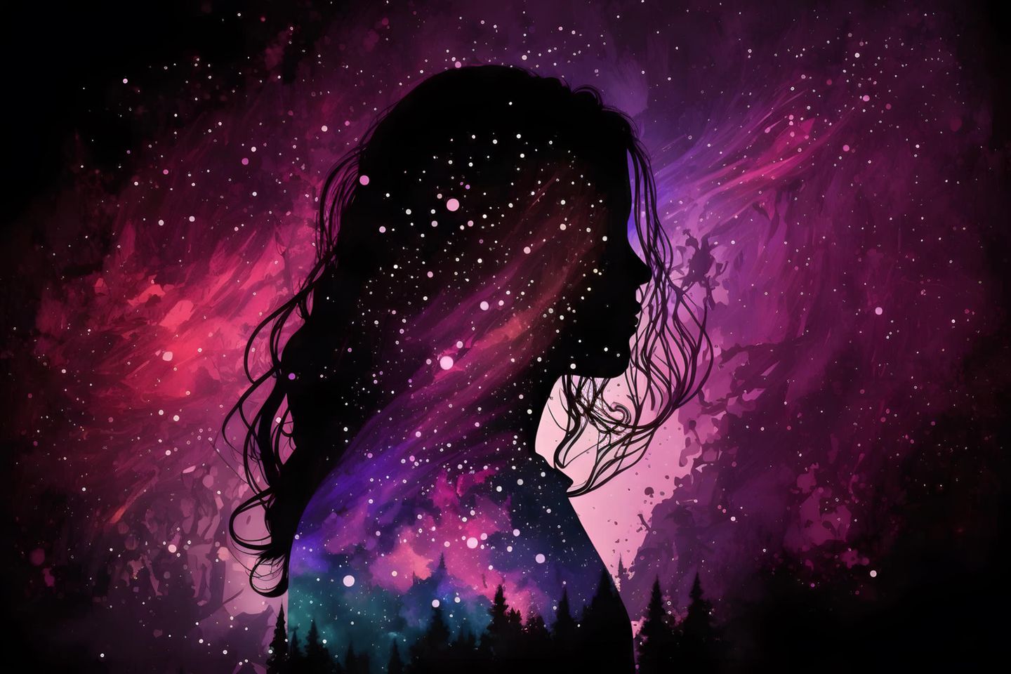 Eine Frau vor einem dunklen Hintergrund mit Sternen und Wald