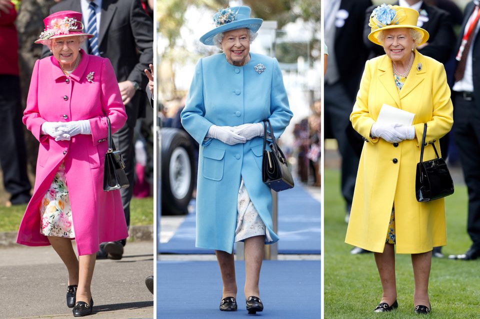 Die Queen des "Uniform-Dressing": Königin Elisabeth setzte stets auf farbenfrohe Mäntel mit passendem Hut. Schuhe und Tasche blieben meist gleich. 