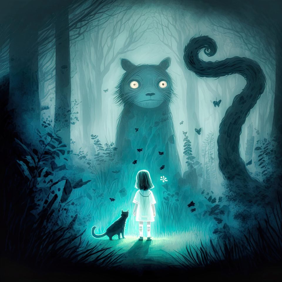 Angst vor der Angst: Kind im Wald steht vor Monster