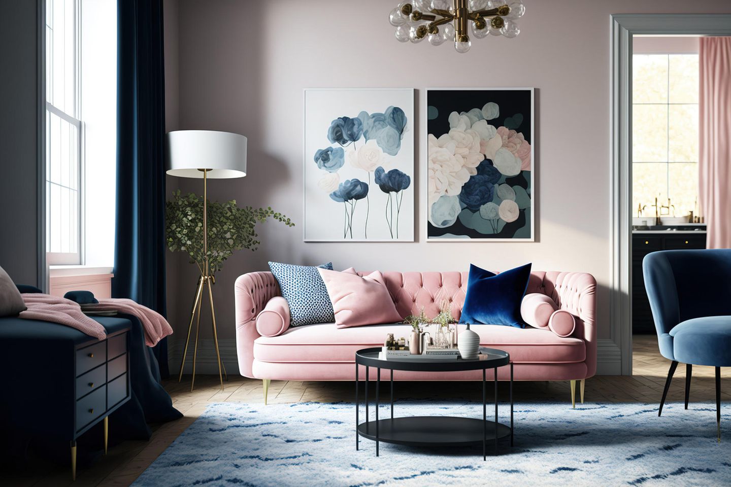 Elegantes Wohnzimmer in Blau und Rosé: Wie du mit der 60-30-10-Regel Farbe in deine Wohnung bringst