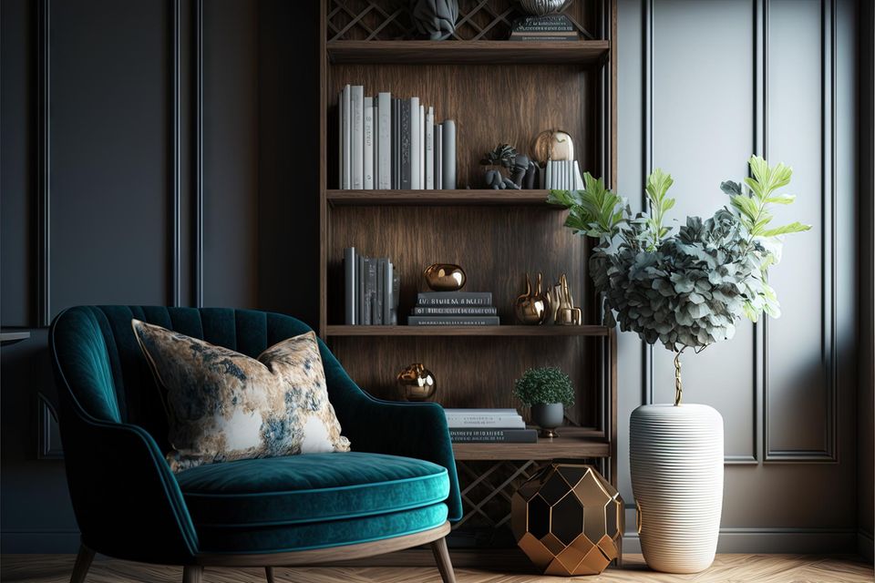 Regal dekorieren: Bücherregal, Sessel und große Pflanze