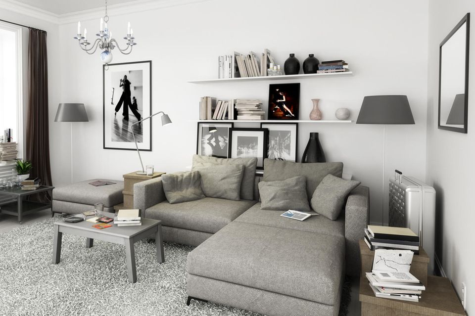 Decorate shelves: living room furnished in gray