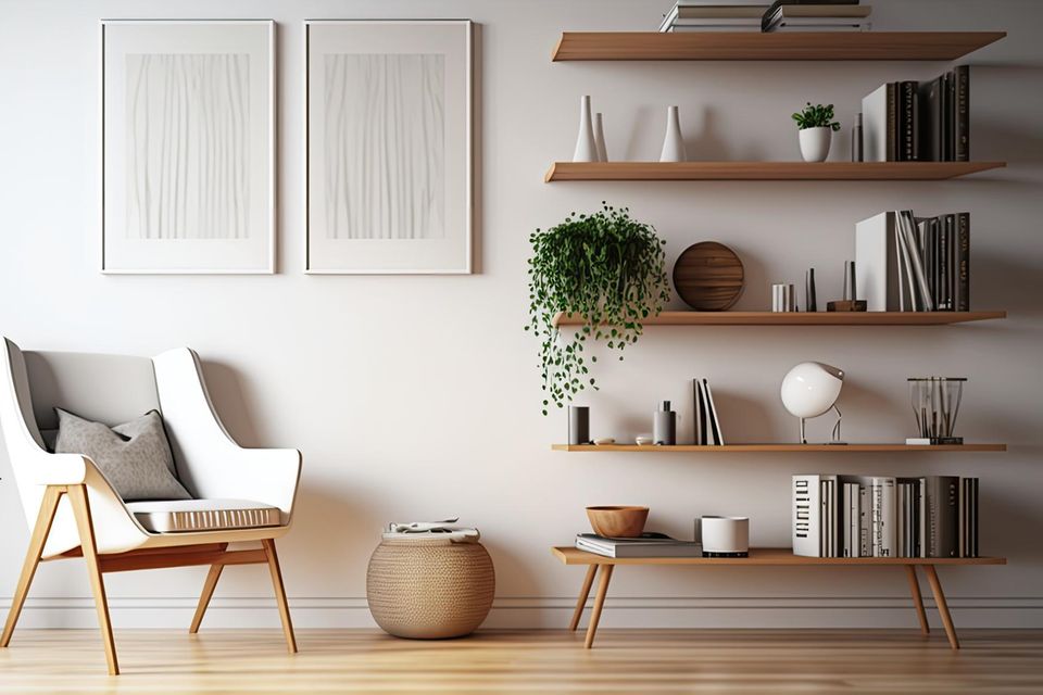 Decorate shelf: living room with armchair and wall shelves