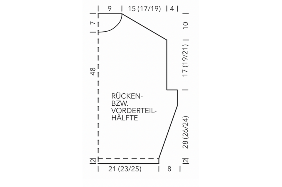 Gemütlichen Halbpatent-Pullover stricken: Schnittbogen Rücken- bzw. Vorderteilhälfte