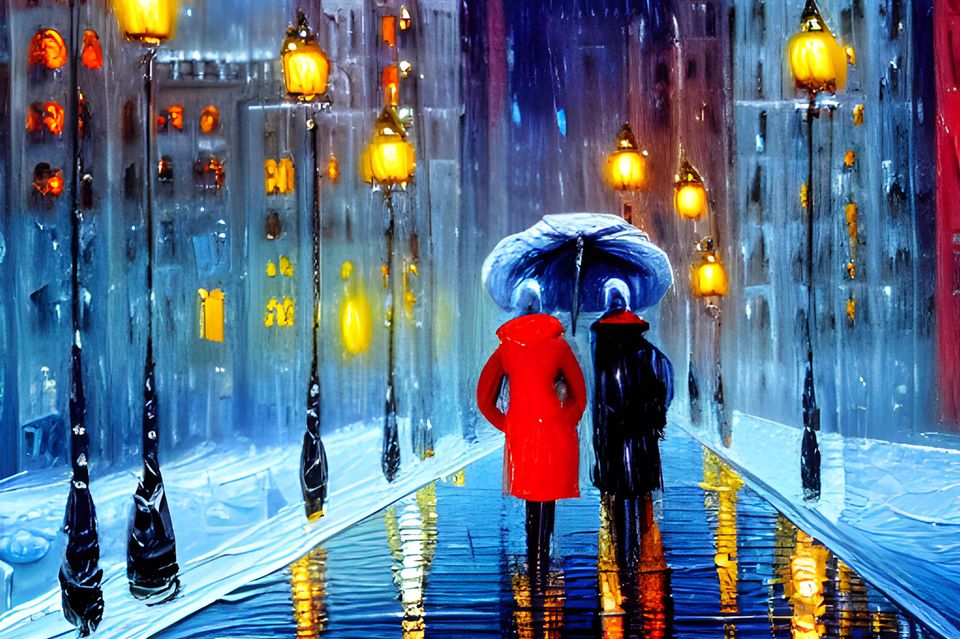 Zwei Menschen gehen im Regen durch die Straßen