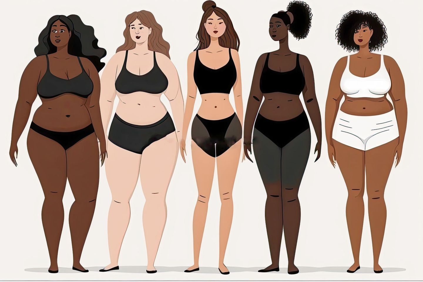 Fünf gezeichnete Frauen mit verschiedenen Körperproportionen