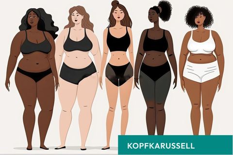 Fünf gezeichnete Frauen mit verschiedenen Körperproportionen