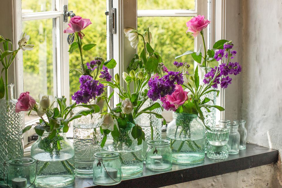 Fensterbank dekorieren: Blumen und Vasen auf einem Fensterbrett