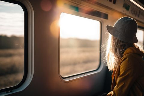Eine Frau sitzt im Zug und schaut aus dem Fenster