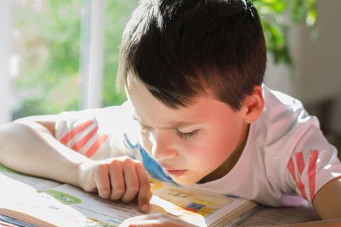 Ein Junge liest konzentriert in einem Buch