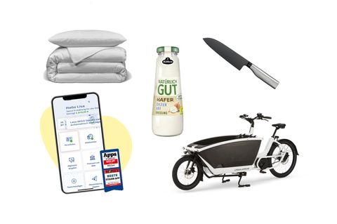 Testprodukte aus dem Lifestyle-Team: Ein Lastenrad, Salatsoße, Bettwäsche, eine App und ein Messer