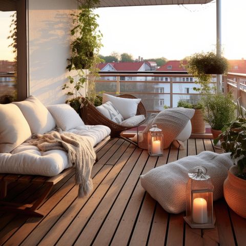 Sommertrend: 6 Pieces, die euren Balkon in ein Boho-Paradies verwandeln, gemütlicher Balkon mit vielen Kissen