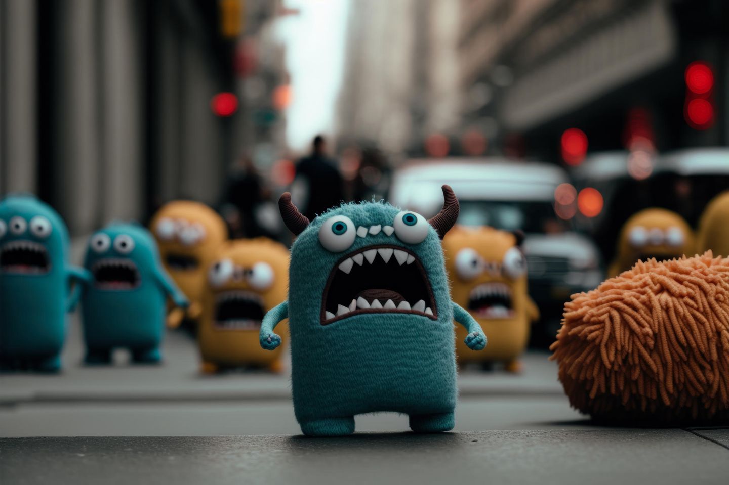 Kleine, animierte Monster stehen empört auf einer Straße