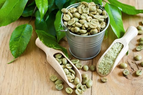 Grüner Kaffee: Grüne Kaffeebohnen und Pulver