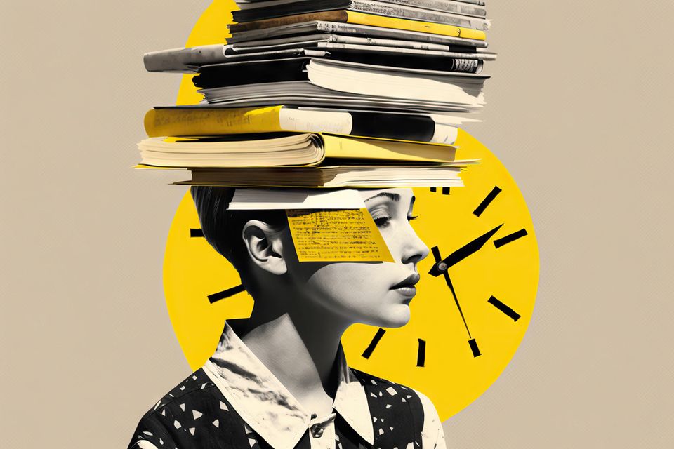 Frau mit Büchern im Kopf (abstraktes Bild)
