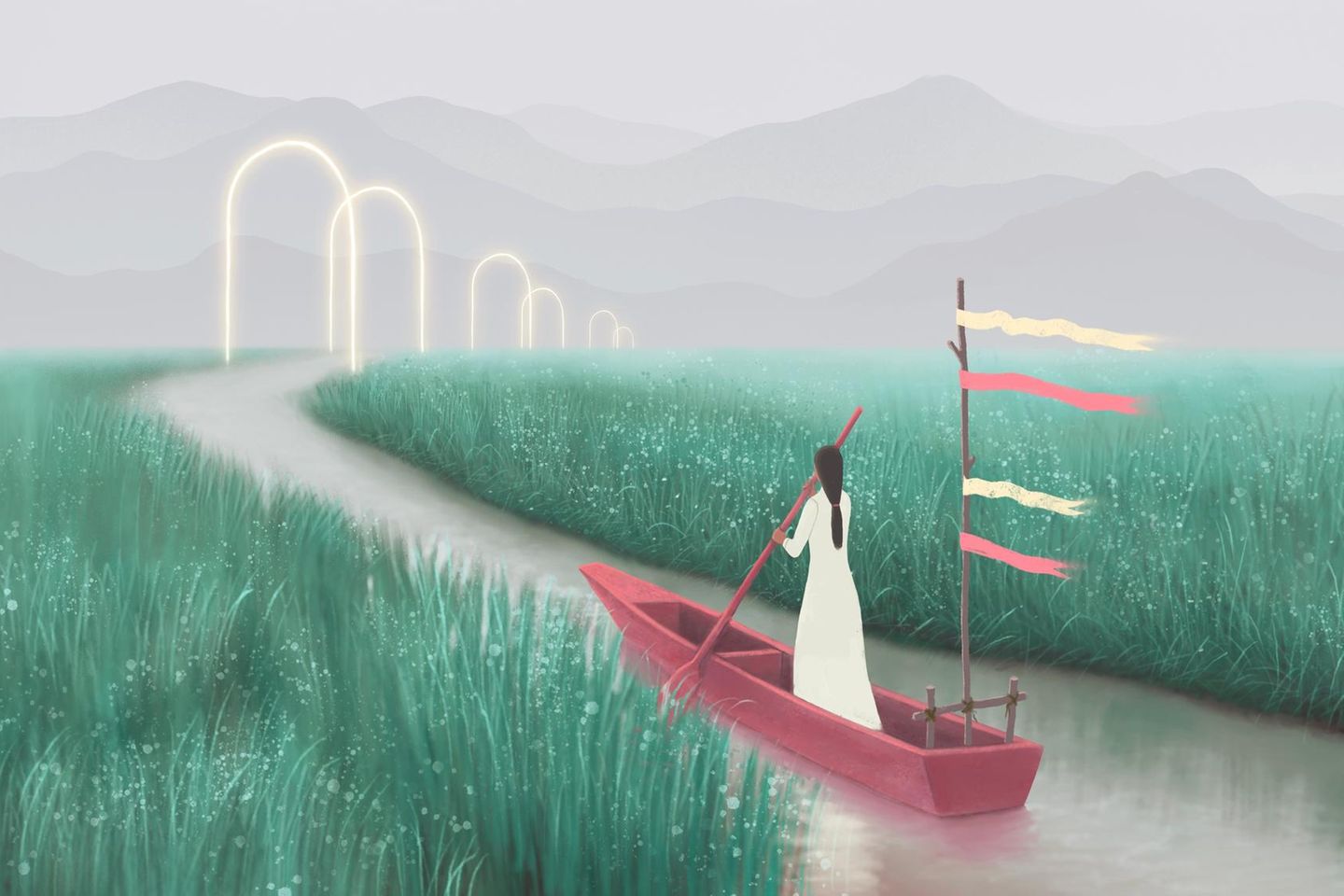 Frau auf kleinem Boot in einem ruhigen Fluss