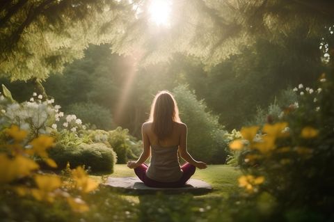 Baum-Yoga: Frau meditiert unter Bäumen