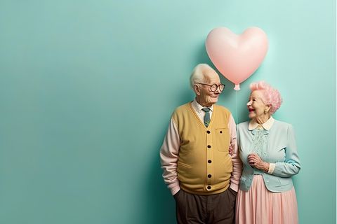 Ein altes Ehepaar mit einem Herzballon in der Hand