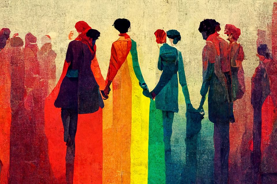Abstraktes Bild mit Menschen und der Regenbogenflagge