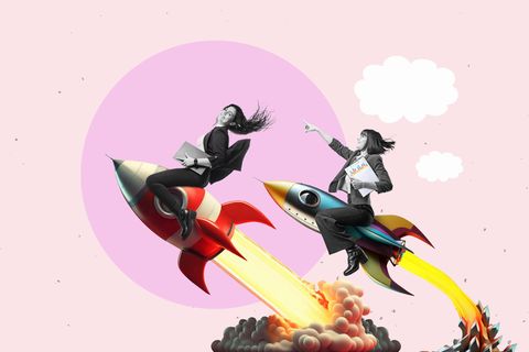 Zeichnung: Zwei Frauen sitzen auf zwei Raketen und starten buchstäblich durch