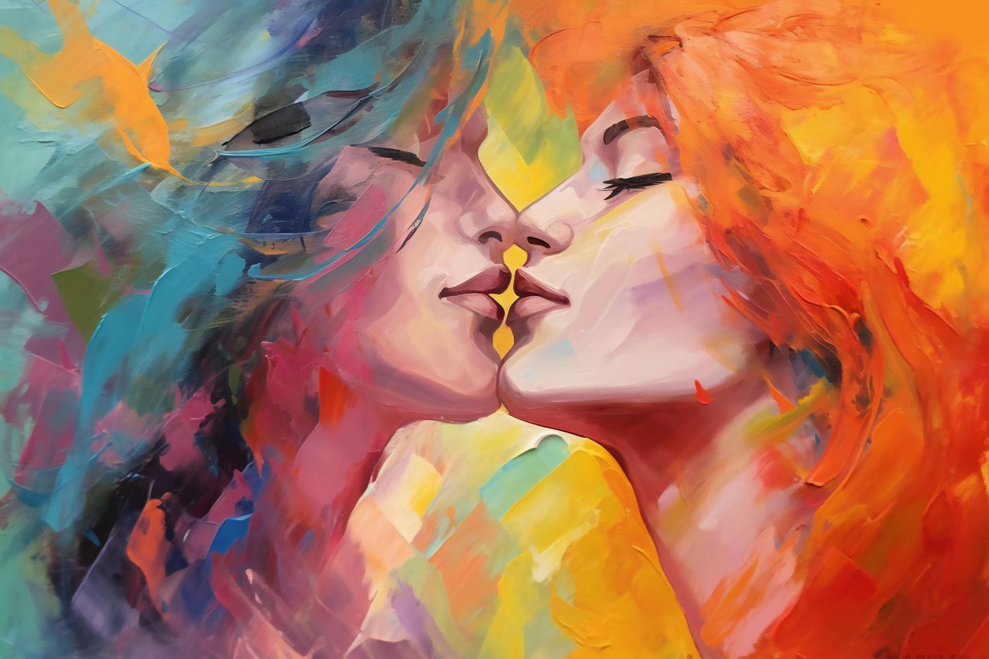 Zwei Liebende bei einem sanften Kuss Kunstbild