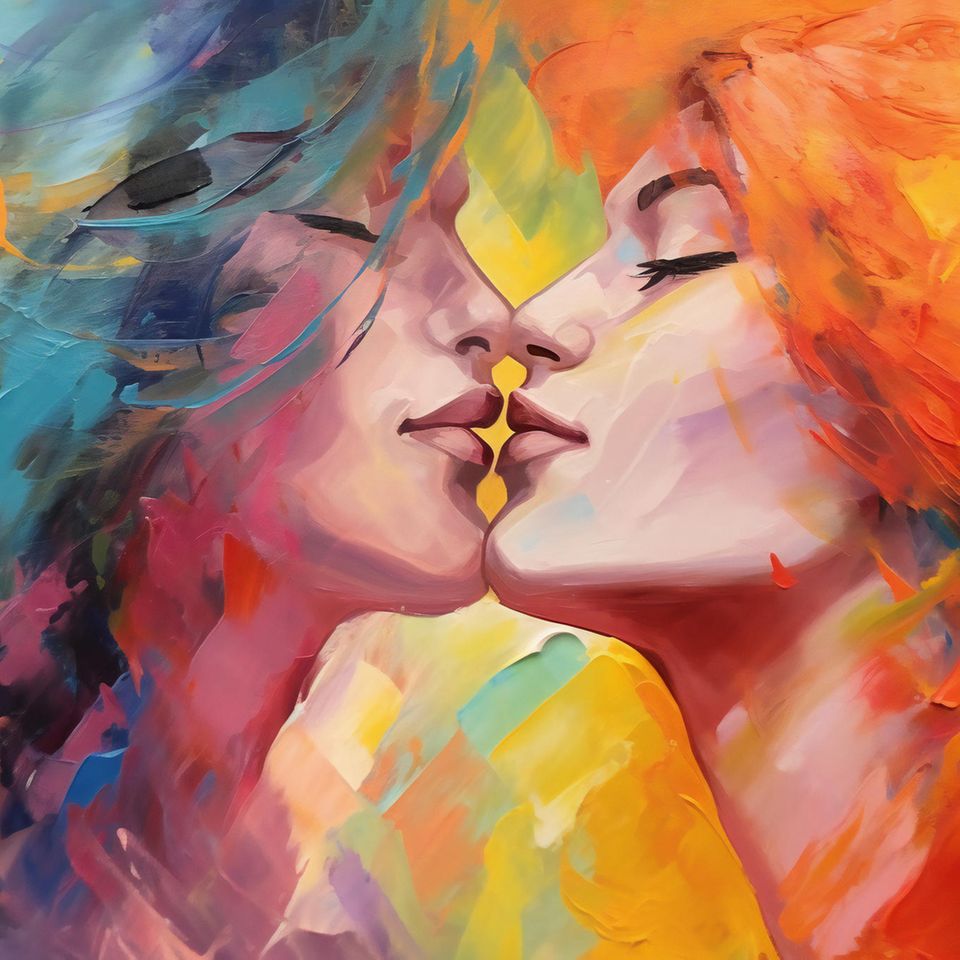 Zwei Liebende bei einem sanften Kuss Kunstbild