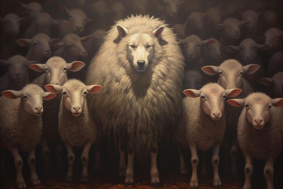 Ein Wolf im Schafspelz umgeben von Schafen