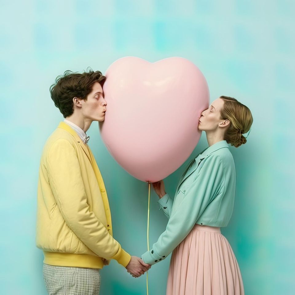 Zwei Menschen küssen denselben Herzballon