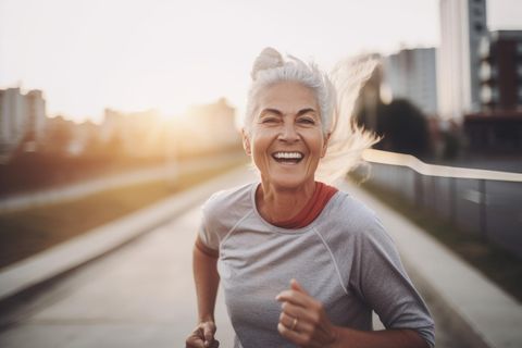 ältere Frau joggt und lacht